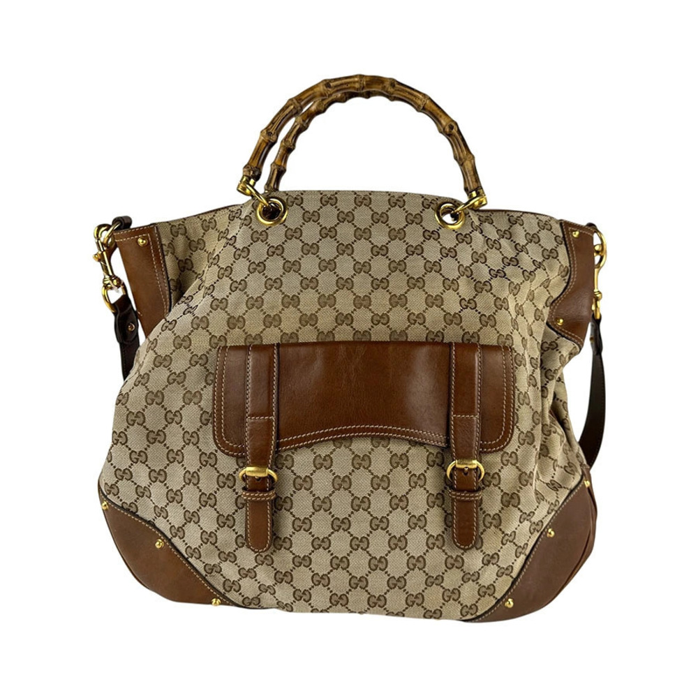 Gucci Bamboo GG Canvas Leather Top Handle Bag Brown